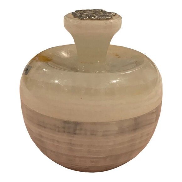 Onyx Trinket Dish Paperweight Jar With Carved Handle Lid Light Honey Round READ - Picture 1 of 11